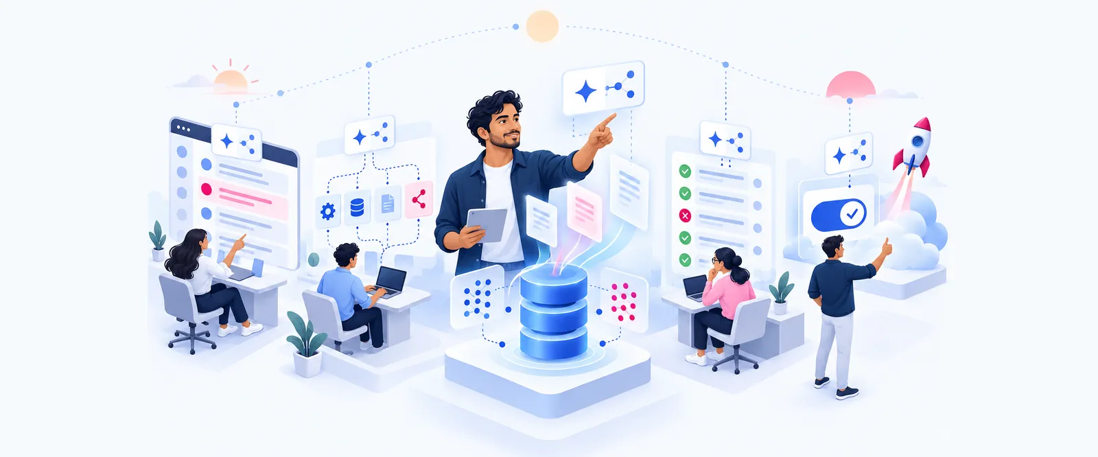 Ilustración: la jornada de un AI Engineer trabajando junto a agentes de IA
