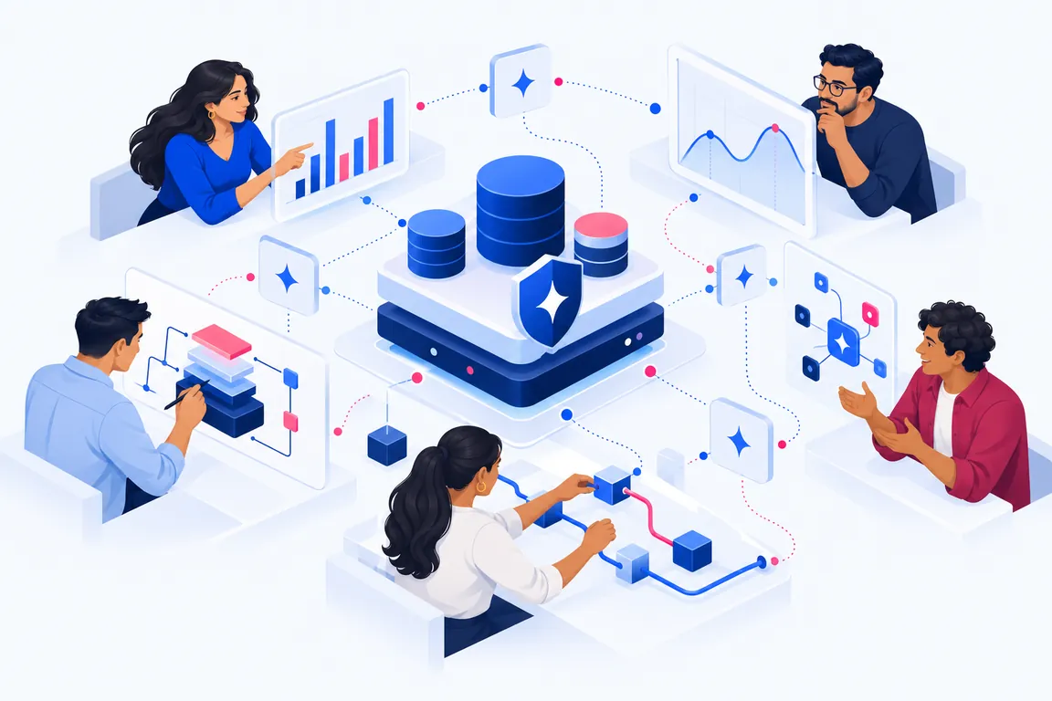 Ilustración: cinco profesionales de datos trabajando con agentes de IA alrededor de una plataforma de datos